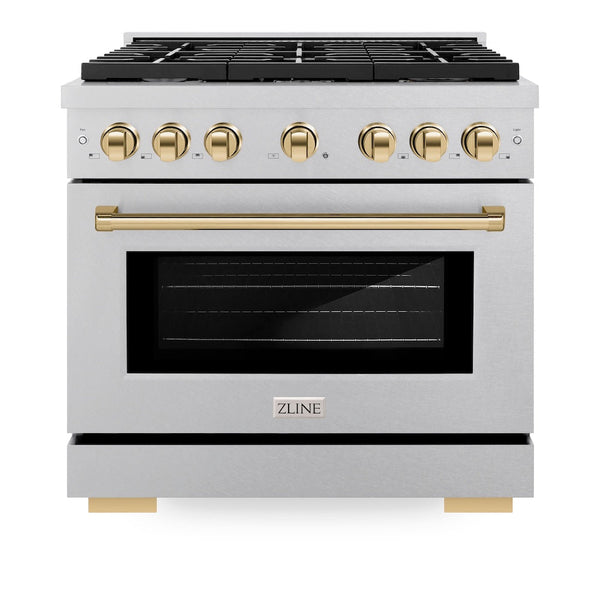 ZLINE Autograph Edition 36 in. 5.2 cu. ft. Paramount Dual Fuel Range with 6 Burner Gas Cooktop and Electric Convection Oven in Satin Stainless Steel with Polished Gold Accents, Open Box-Good Condition