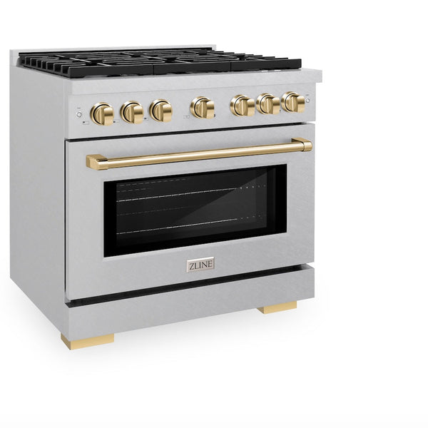 ZLINE Autograph Edition 36 in. 5.2 cu. ft. Paramount Dual Fuel Range with 6 Burner Gas Cooktop and Electric Convection Oven in Satin Stainless Steel with Polished Gold Accents, Open Box-Good Condition