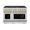ZLINE Autograph Edition 48 in. 6.7 cu. ft. Paramount Double Oven Dual Fuel Range with 8 Burner Gas Cooktop in Satin Stainless Steel and Polished Gold Accents (SDRSZ-48-G)