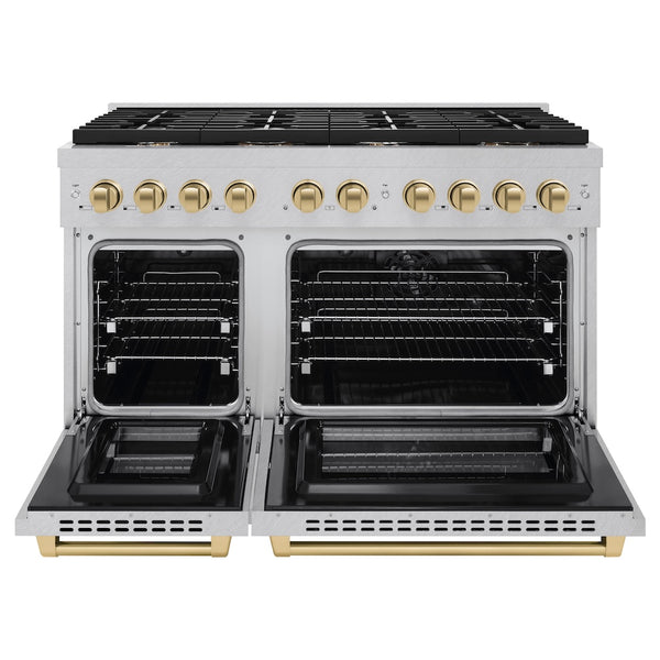 ZLINE Autograph Edition 48 in. 6.7 cu. ft. Paramount Double Oven Dual Fuel Range with 8 Burner Gas Cooktop in Satin Stainless Steel and Champagne Bronze Accents, Open Box-Great Condition