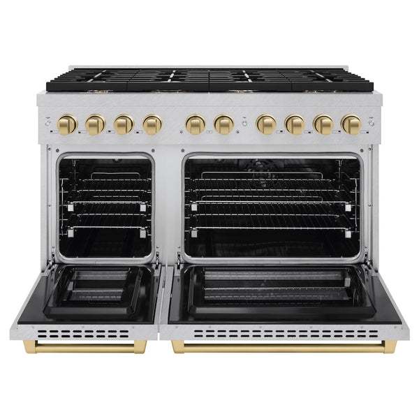 ZLINE Autograph Edition 48 in. 6.7 cu. ft. Paramount Double Oven Dual Fuel Range with 8 Burner Gas Cooktop in Satin Stainless Steel and Champagne Bronze Accents, Open Box-Good Condition