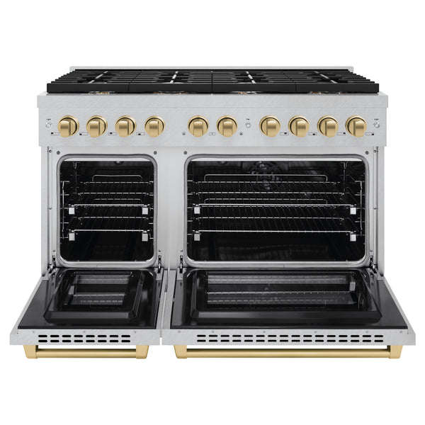 ZLINE Autograph Edition 48 in. 6.7 cu. ft. Paramount Double Oven Dual Fuel Range with 8 Burner Gas Cooktop in Satin Stainless Steel and Polished Gold Accents (SDRSZ-48-G)