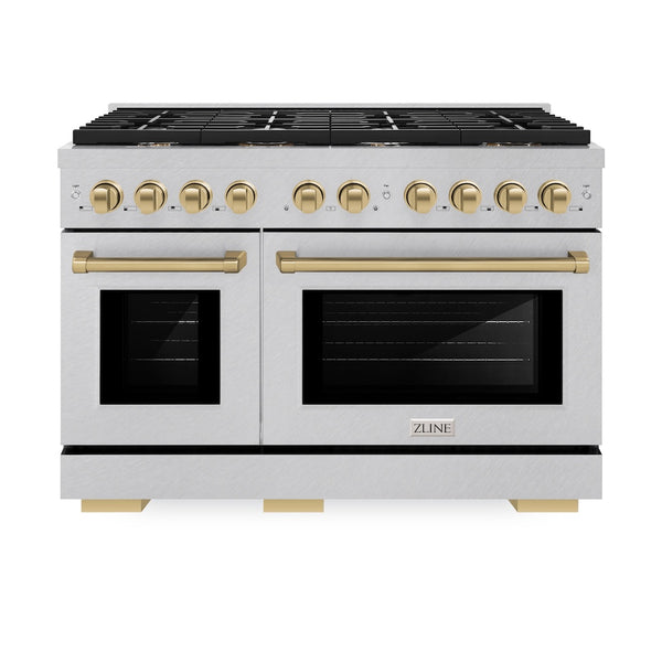ZLINE Autograph Edition 48 in. 6.7 cu. ft. Paramount Double Oven Dual Fuel Range with 8 Burner Gas Cooktop in Satin Stainless Steel and Champagne Bronze Accents, Open Box-Great Condition