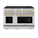 ZLINE Autograph Edition 48 in. 6.7 cu. ft. Paramount Double Oven Dual Fuel Range with 8 Burner Gas Cooktop in Satin Stainless Steel and Polished Gold Accents (SDRSZ-48-G)