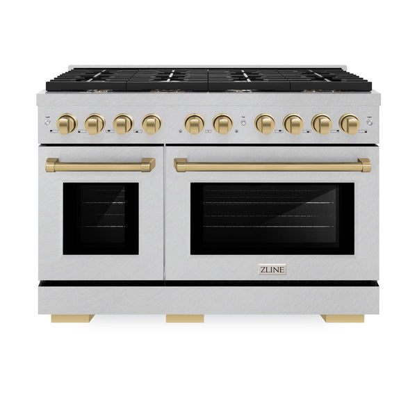 ZLINE Autograph Edition 48 in. 6.7 cu. ft. Paramount Double Oven Dual Fuel Range with 8 Burner Gas Cooktop in Satin Stainless Steel and Polished Gold Accents (SDRSZ-48-G)