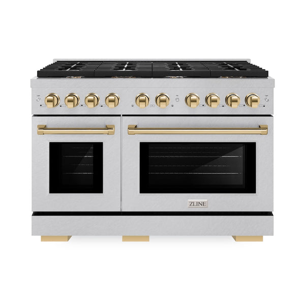 ZLINE Autograph Edition 48 in. 6.7 cu. ft. Paramount Double Oven Dual Fuel Range with 8 Burner Gas Cooktop in Satin Stainless Steel and Polished Gold Accents, Open Box-Great Condition