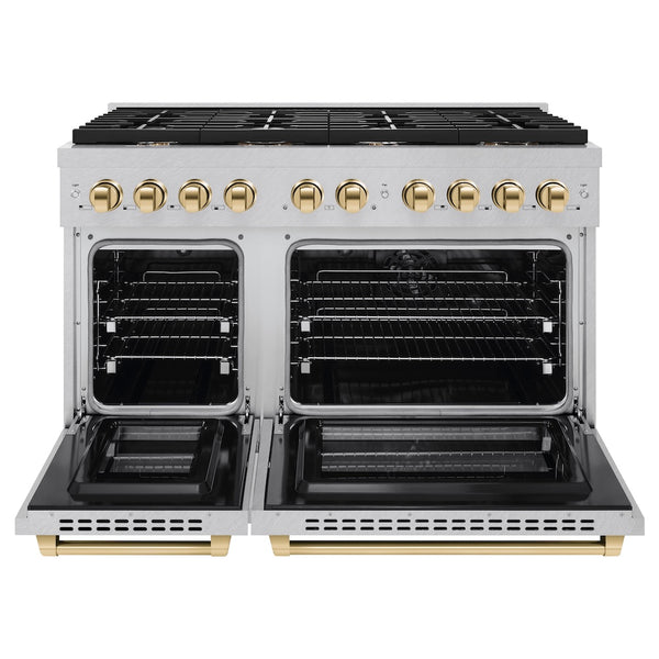 ZLINE Autograph Edition 48 in. 6.7 cu. ft. Paramount Double Oven Dual Fuel Range with 8 Burner Gas Cooktop in Satin Stainless Steel and Polished Gold Accents, Open Box-Great Condition