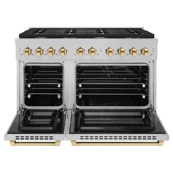ZLINE Autograph Edition 48 in. 6.7 cu. ft. Paramount Double Oven Dual Fuel Range with 8 Burner Gas Cooktop in Satin Stainless Steel and Polished Gold Accents, Open Box-Good Condition