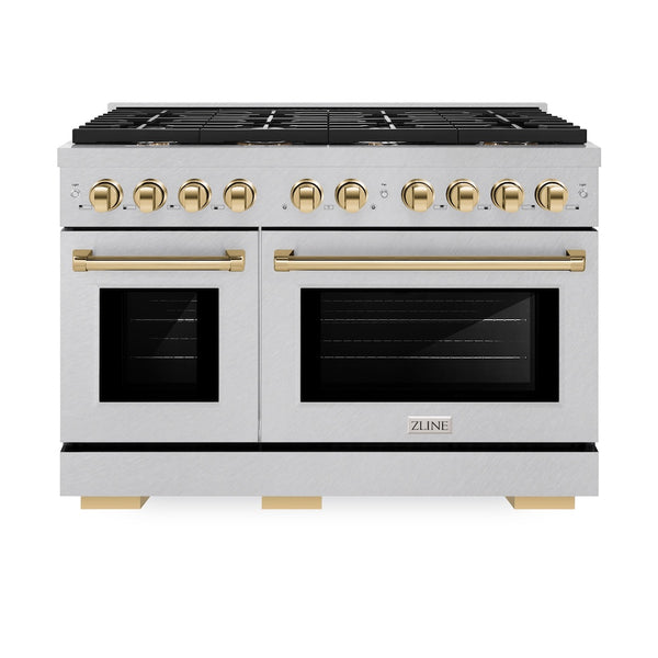 ZLINE Autograph Edition 48 in. 6.7 cu. ft. Paramount Double Oven Dual Fuel Range with 8 Burner Gas Cooktop in Satin Stainless Steel and Polished Gold Accents, Open Box-Great Condition
