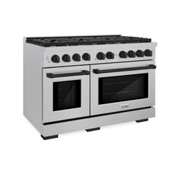 ZLINE Autograph Edition 48 in. 6.7 cu. ft. Paramount Double Oven Dual Fuel Range with 8 Burner Gas Cooktop in Satin Stainless Steel and Matte Black Accents (SDRSZ-48-MB)