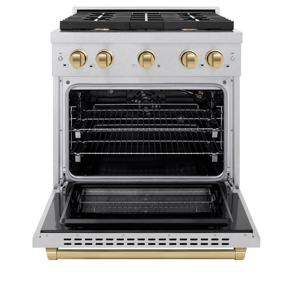 ZLINE Autograph Edition 30 in. 4.2 cu. ft. Paramount Gas Range with 4 Burner Cooktop and Convection Gas Oven in Satin Stainless Steel and Champagne Bronze Accents, Open Box-Good Condition