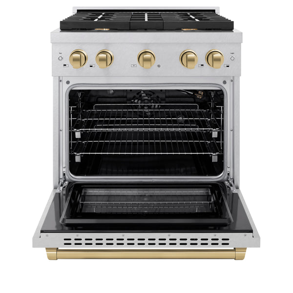 ZLINE Autograph Edition 30 in. 4.2 cu. ft. Paramount Gas Range with 4 Burner Cooktop and Convection Gas Oven in Satin Stainless Steel and Champagne Bronze Accents, Open Box-Great Condition