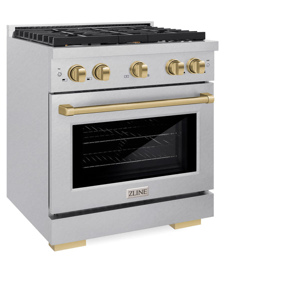 ZLINE Autograph Edition 30 in. 4.2 cu. ft. Paramount Gas Range with 4 Burner Cooktop and Convection Gas Oven in Satin Stainless Steel and Champagne Bronze Accents (SGRSZ-30-CB)