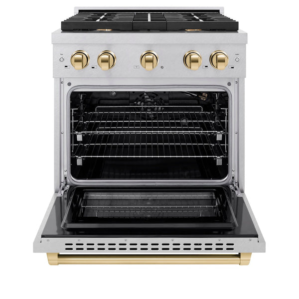 ZLINE Autograph Edition 30 in. 4.2 cu. ft. Paramount Gas Range with 4 Burner Cooktop and Convection Gas Oven in Satin Stainless Steel and Polished Gold Accents, Open Box-Good Condition