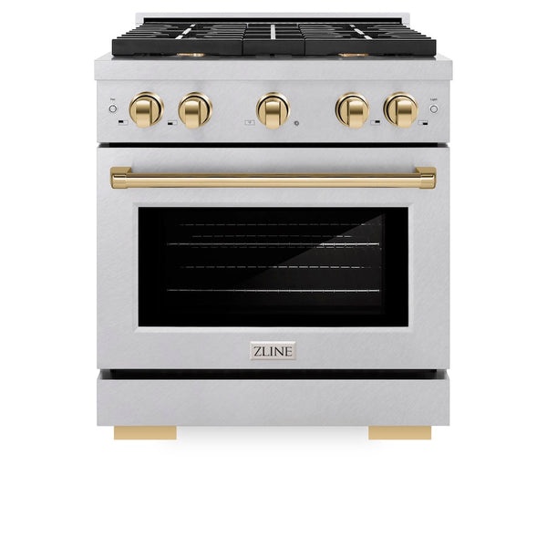 ZLINE Autograph Edition 30 in. 4.2 cu. ft. Paramount Gas Range with 4 Burner Cooktop and Convection Gas Oven in Satin Stainless Steel and Polished Gold Accents, Open Box-Good Condition