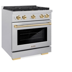 ZLINE Autograph Edition 30 in. 4.2 cu. ft. Paramount Gas Range with 4 Burner Cooktop and Convection Gas Oven in Satin Stainless Steel and Polished Gold Accents (SGRSZ-30-G)