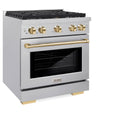 ZLINE Autograph Edition 30 in. 4.2 cu. ft. Paramount Gas Range with 4 Burner Cooktop and Convection Gas Oven in Satin Stainless Steel and Polished Gold Accents, Open Box-Great Condition