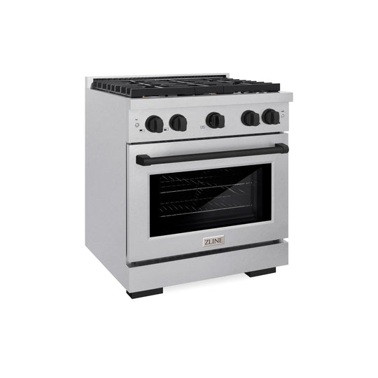 ZLINE Autograph Edition 30 in. 4.2 cu. ft. Paramount Gas Range with 4 Burner Cooktop and Convection Gas Oven in Satin Stainless Steel and Matte Black Accents, Open Box-Great Condition