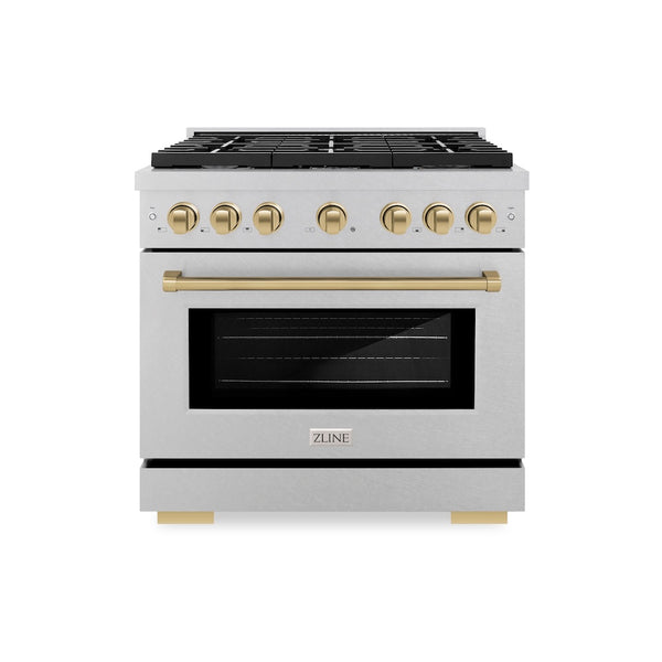 ZLINE Autograph Edition 36 in. 5.2 cu. ft. Paramount Gas Range with 6 Burner Cooktop and Convection Gas Oven in Satin Stainless Steel and Champagne Bronze Accents, Open Box-Great Condition