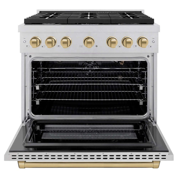 ZLINE Autograph Edition 36 in. 5.2 cu. ft. Paramount Gas Range with 6 Burner Cooktop and Convection Gas Oven in Satin Stainless Steel and Champagne Bronze Accents, Open Box-Good Condition