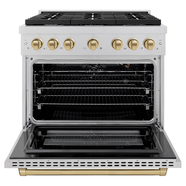 ZLINE Autograph Edition 36 in. 5.2 cu. ft. Paramount Gas Range with 6 Burner Cooktop and Convection Gas Oven in Satin Stainless Steel and Champagne Bronze Accents, Open Box-Great Condition