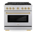 ZLINE Autograph Edition 36 in. 5.2 cu. ft. Paramount Gas Range with 6 Burner Cooktop and Convection Gas Oven in Satin Stainless Steel and Champagne Bronze Accents, Open Box-Good Condition