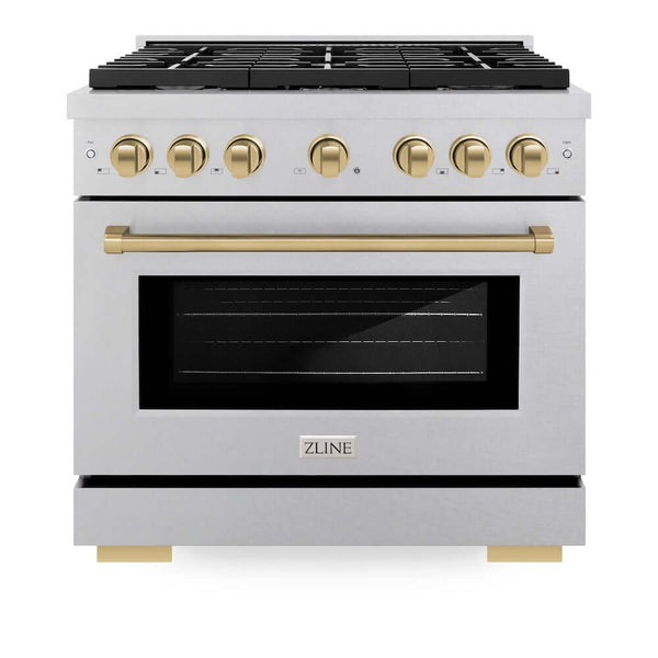 ZLINE Autograph Edition 36 in. 5.2 cu. ft. Paramount Gas Range with 6 Burner Cooktop and Convection Gas Oven in Satin Stainless Steel and Champagne Bronze Accents, Open Box-Good Condition