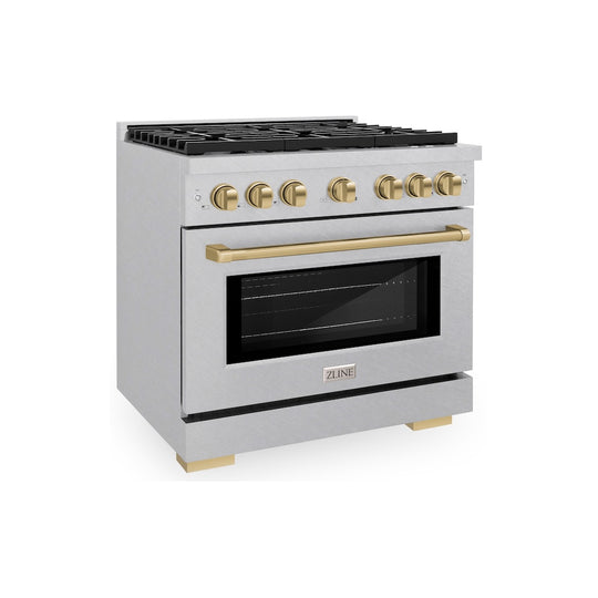 ZLINE Autograph Edition 36 in. 5.2 cu. ft. Paramount Gas Range with 6 Burner Cooktop and Convection Gas Oven in Satin Stainless Steel and Champagne Bronze Accents, Open Box-Great Condition