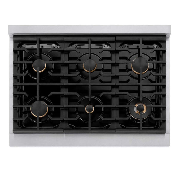 ZLINE Autograph Edition 36 in. 5.2 cu. ft. Paramount Gas Range with 6 Burner Cooktop and Convection Gas Oven in Satin Stainless Steel and Champagne Bronze Accents, Open Box-Good Condition