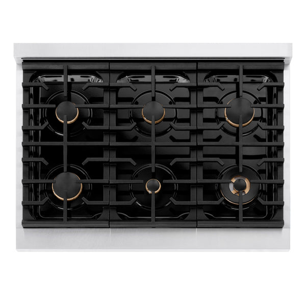ZLINE Autograph Edition 36 in. 5.2 cu. ft. Paramount Gas Range with 6 Burner Cooktop and Convection Gas Oven in Satin Stainless Steel and Champagne Bronze Accents (SGRSZ-36-CB)