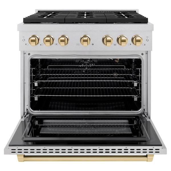 ZLINE Autograph Edition 36 in. 5.2 cu. ft. Paramount Gas Range with 6 Burner Cooktop and Convection Gas Oven in Satin Stainless Steel and Polished Gold Accents, Open Box-Good Condition