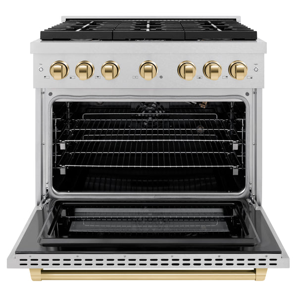 ZLINE Autograph Edition 36 in. 5.2 cu. ft. Paramount Gas Range with 6 Burner Cooktop and Convection Gas Oven in Satin Stainless Steel and Polished Gold Accents, Open Box-Great Condition