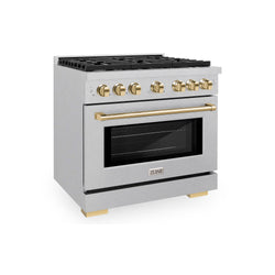 ZLINE Autograph Edition 36 in. 5.2 cu. ft. Paramount Gas Range with 6 Burner Cooktop and Convection Gas Oven in Satin Stainless Steel and Polished Gold Accents (SGRSZ-36-G)
