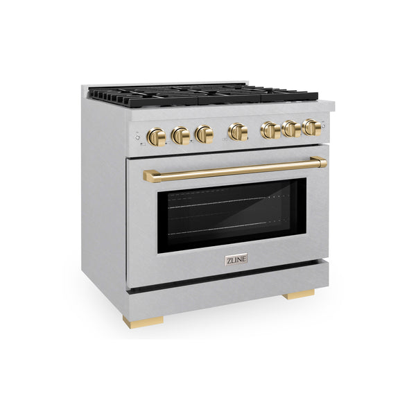 ZLINE Autograph Edition 36 in. 5.2 cu. ft. Paramount Gas Range with 6 Burner Cooktop and Convection Gas Oven in Satin Stainless Steel and Polished Gold Accents (SGRSZ-36-G)