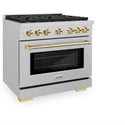 ZLINE Autograph Edition 36 in. 5.2 cu. ft. Paramount Gas Range with 6 Burner Cooktop and Convection Gas Oven in Satin Stainless Steel and Polished Gold Accents, Open Box-Great Condition