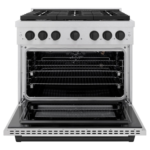 ZLINE Autograph Edition 36 in. 5.2 cu. ft. Paramount Gas Range with 6 Burner Cooktop and Convection Gas Oven in Satin Stainless Steel and Matte Black Accents, Open Box-Good Condition