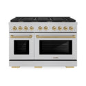 ZLINE Autograph Edition 48 in. 6.7 cu. ft. Paramount Double Oven Gas Range with 8 Burner Cooktop in Satin Stainless Steel and Champagne Bronze Accents, Open Box-Great Condition