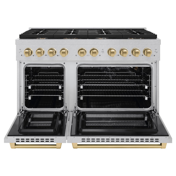 ZLINE Autograph Edition 48 in. 6.7 cu. ft. Paramount Double Oven Gas Range with 8 Burner Cooktop in Satin Stainless Steel and Champagne Bronze Accents, Open Box-Good Condition