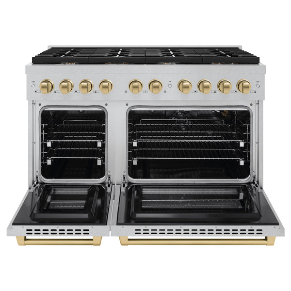 ZLINE Autograph Edition 48 in. 6.7 cu. ft. Paramount Double Oven Gas Range with 8 Burner Cooktop in Satin Stainless Steel and Champagne Bronze Accents, Open Box-Great Condition