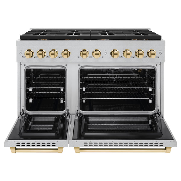 ZLINE Autograph Edition 48 in. 6.7 cu. ft. Paramount Double Oven Gas Range with 8 Burner Cooktop in Satin Stainless Steel and Polished Gold Accents, Open Box-Great Condition