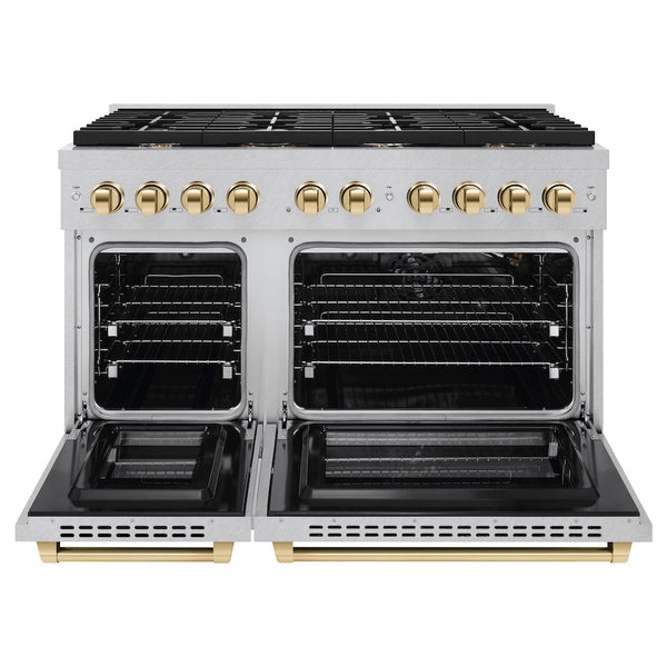 ZLINE Autograph Edition 48 in. 6.7 cu. ft. Paramount Double Oven Gas Range with 8 Burner Cooktop in Satin Stainless Steel and Polished Gold Accents, Open Box-Good Condition