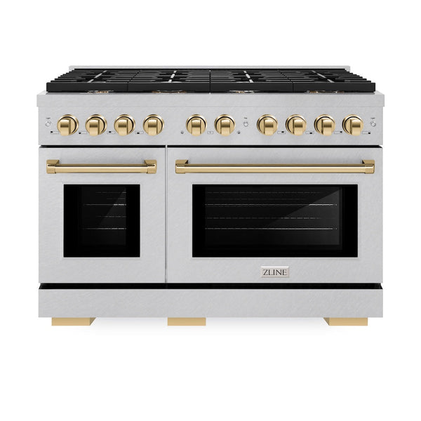 ZLINE Autograph Edition 48 in. 6.7 cu. ft. Paramount Double Oven Gas Range with 8 Burner Cooktop in Satin Stainless Steel and Polished Gold Accents, Open Box-Good Condition