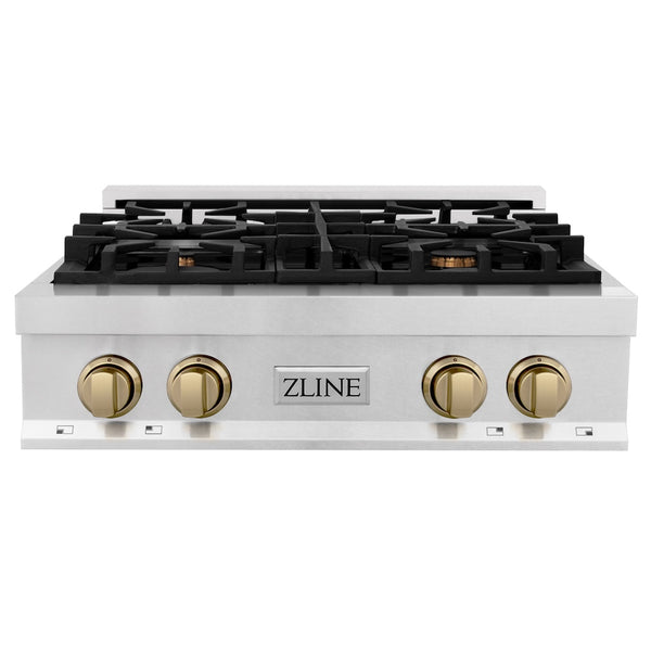 ZLINE Autograph Edition 30 in. Legacy Gas Rangetop with 4 Burners and Porcelain Cooktop in Satin Stainless Steel with Champagne Bronze Accents, Open Box-Great Condition