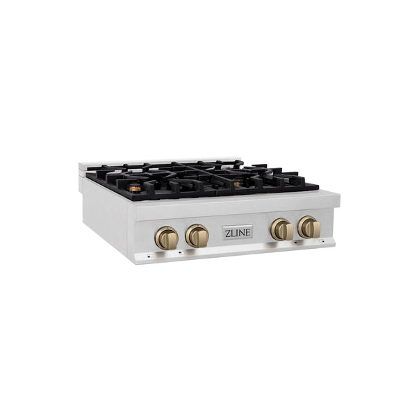 ZLINE Autograph Edition 30 in. Legacy Gas Rangetop with 4 Burners and Porcelain Cooktop in Satin Stainless Steel with Champagne Bronze Accents, Open Box-Great Condition