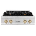 ZLINE Autograph Edition 30 in. Legacy Gas Rangetop with 4 Burners and Porcelain Cooktop in Satin Stainless Steel with Polished Gold Accents, Open Box-Great Condition