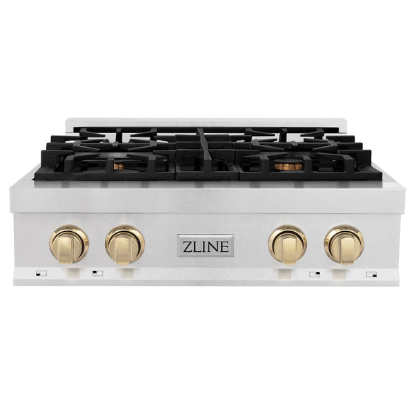 ZLINE Autograph Edition 30 in. Legacy Gas Rangetop with 4 Burners and Porcelain Cooktop in Satin Stainless Steel with Polished Gold Accents, Open Box-Great Condition