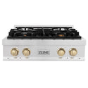 ZLINE Autograph Edition 30 in. Legacy Gas Rangetop with 4 Burners and Porcelain Cooktop in Satin Stainless Steel with Polished Gold Accents, Open Box-Good Condition