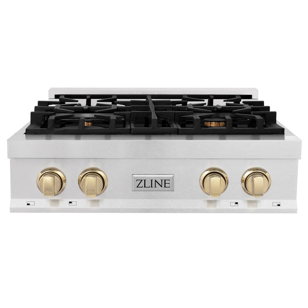 ZLINE Autograph Edition 30 in. Legacy Gas Rangetop with 4 Burners and Porcelain Cooktop in Satin Stainless Steel with Polished Gold Accents, Open Box-Good Condition
