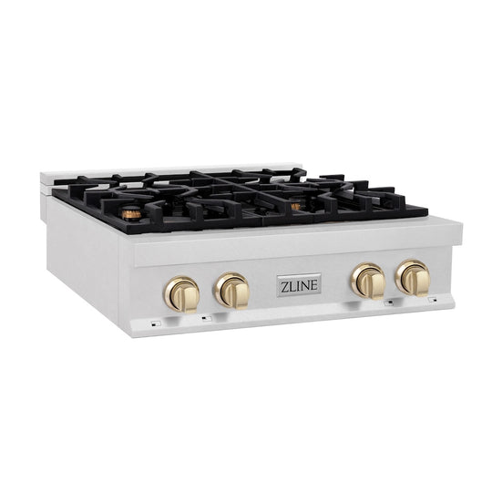 ZLINE Autograph Edition 30 in. Legacy Gas Rangetop with 4 Burners and Porcelain Cooktop in Satin Stainless Steel with Polished Gold Accents, Open Box-Great Condition