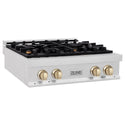 ZLINE Autograph Edition 30 in. Legacy Gas Rangetop with 4 Burners and Porcelain Cooktop in Satin Stainless Steel with Polished Gold Accents, Open Box-Good Condition